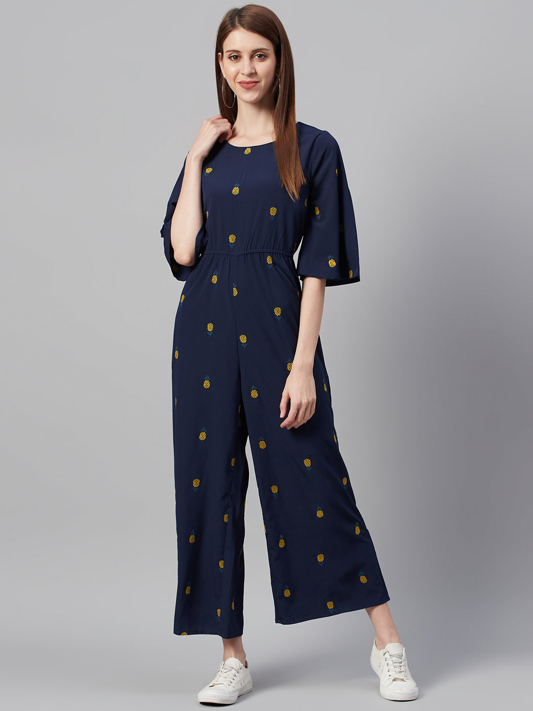 Juniper Women Darkblue Micro Poly Embroidered Regular Jumpsuit 