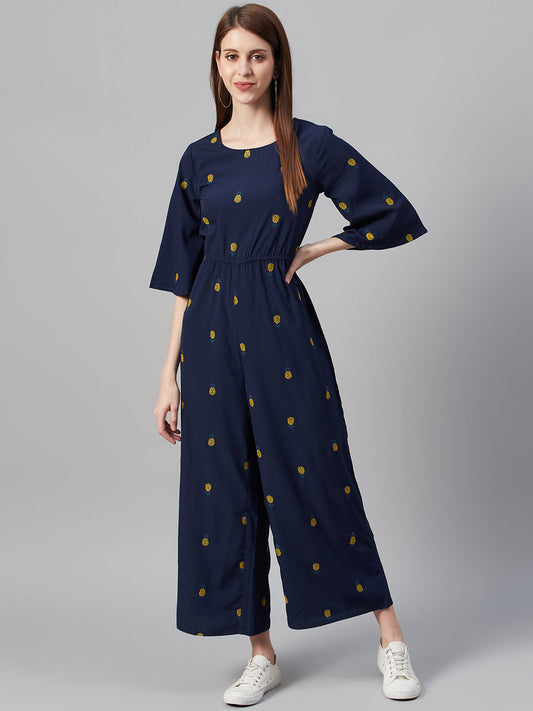 Juniper Women Darkblue Micro Poly Embroidered Regular Jumpsuit 