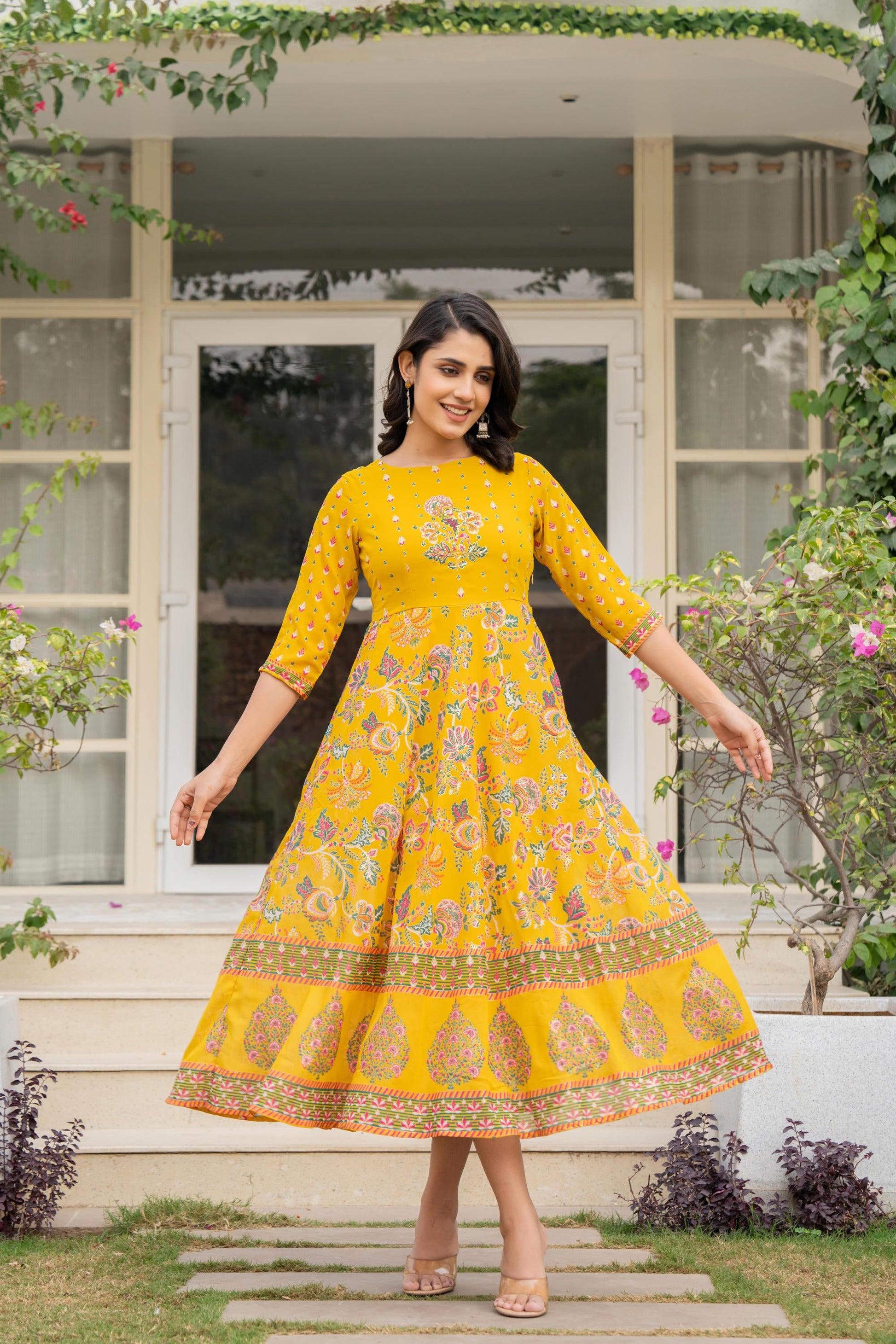 Juniper Women's Mustard Floral Printed Georgette Dress With Sequins