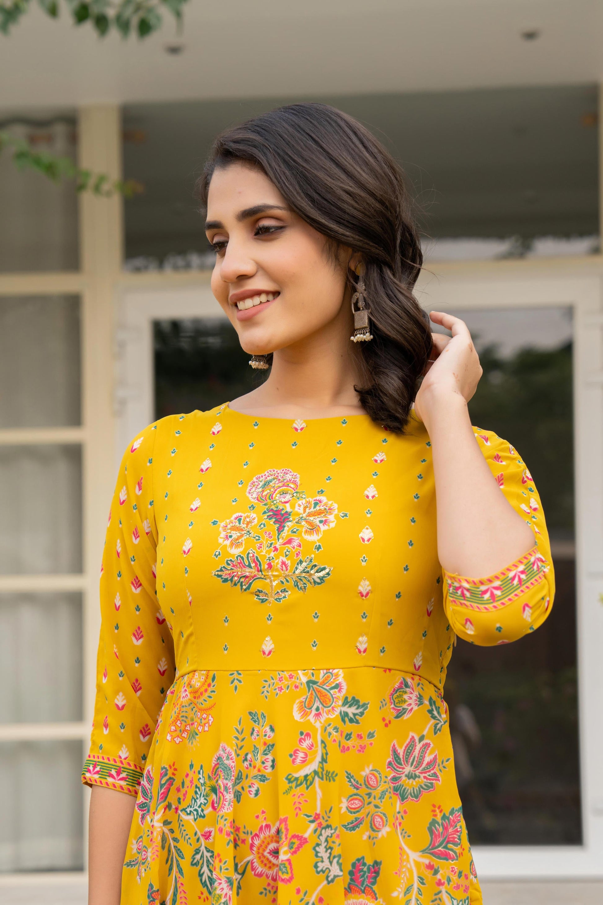 Juniper Women's Mustard Floral Printed Georgette Dress With Sequins