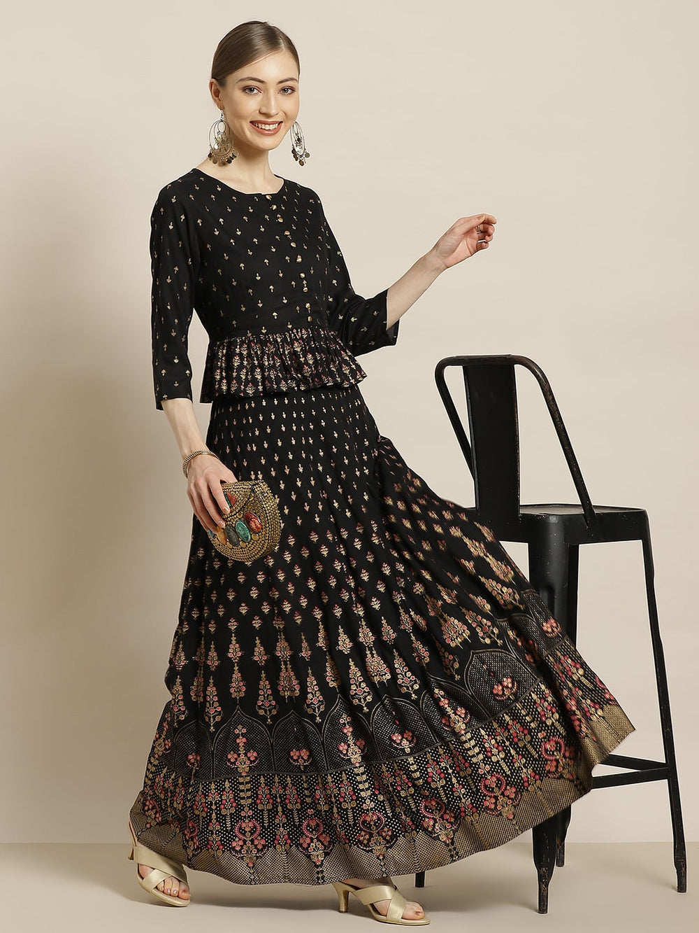 Juniper Women's Black Rayon Printed Flared Lehenga Choli Sets