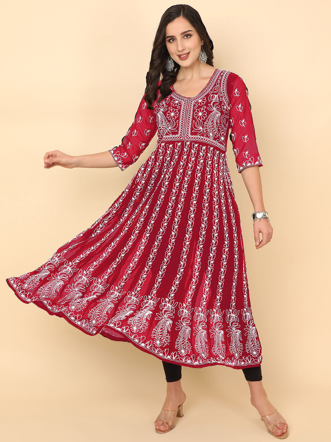 HERE&NOW Chikankari Embroidered Thread Work Georgette Anarkali Kurta 