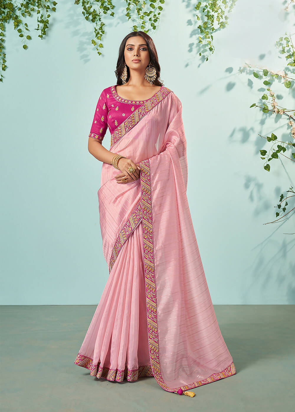 Light Pink Organza Texture Saree With Unstitched Blouse Piece - Norita Ikshita