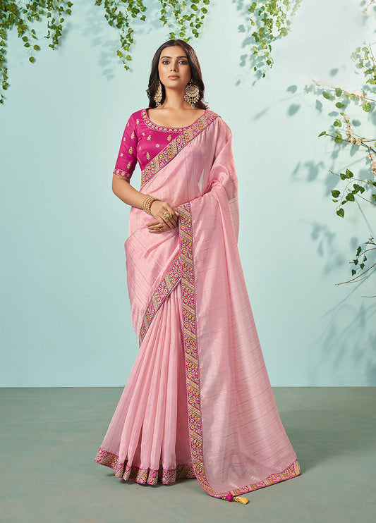 Light Pink Organza Texture Saree With Unstitched Blouse Piece - Norita Ikshita