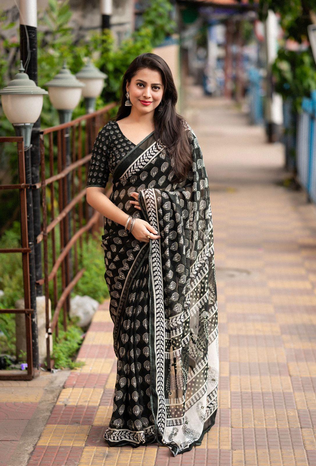Black Poly Georgette Ajrak Saree with Unstitched Blouse - A2M