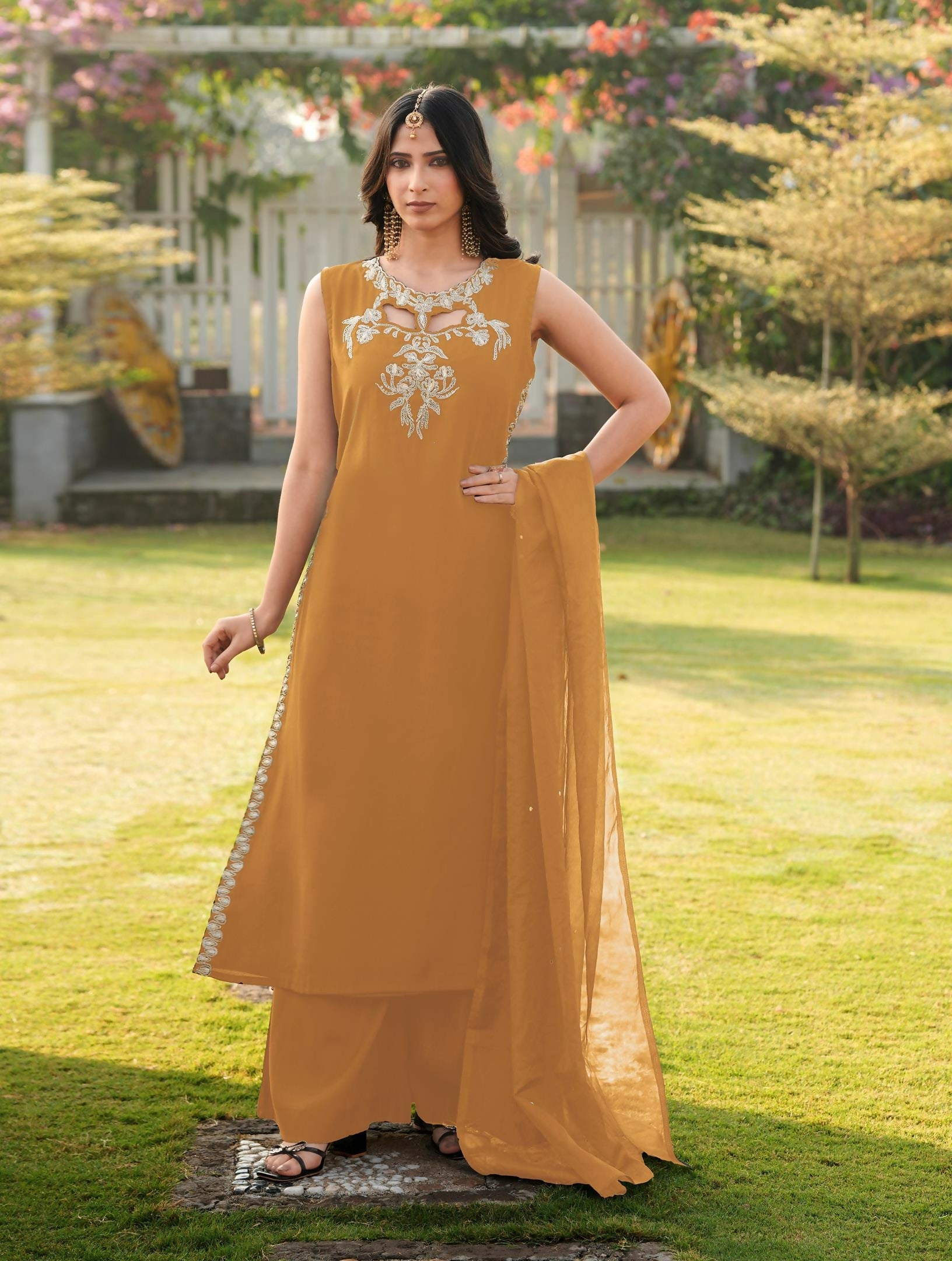 Nikhaar Light Brown Embroidered Art Silk Stitched A Line Kurta Palazzo Dupatta Readymade Suit