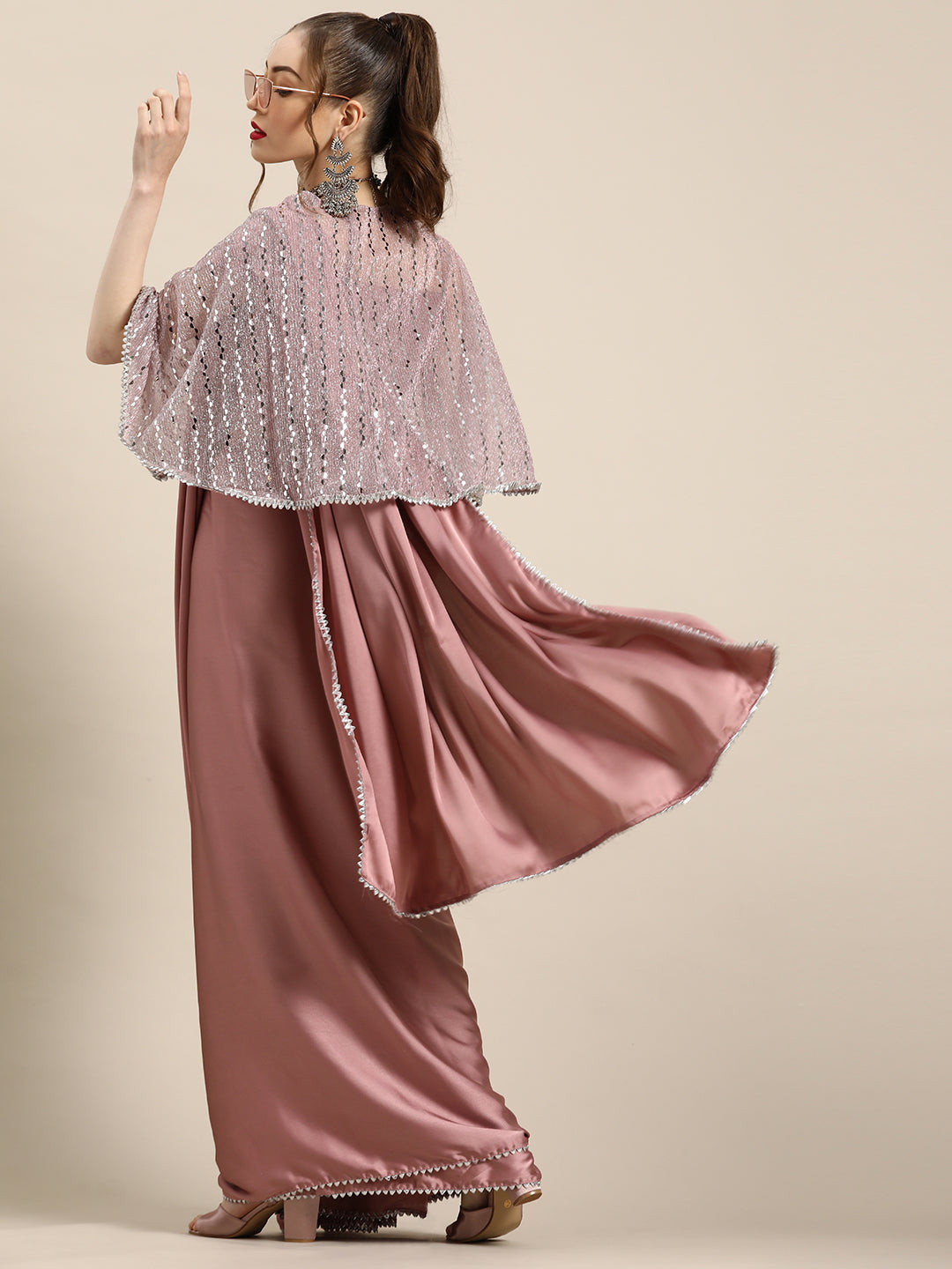 Tikhi Imli Trendy Mauve Sleek Poly Crepe Grab2Buy with Embellished Border & Cape 