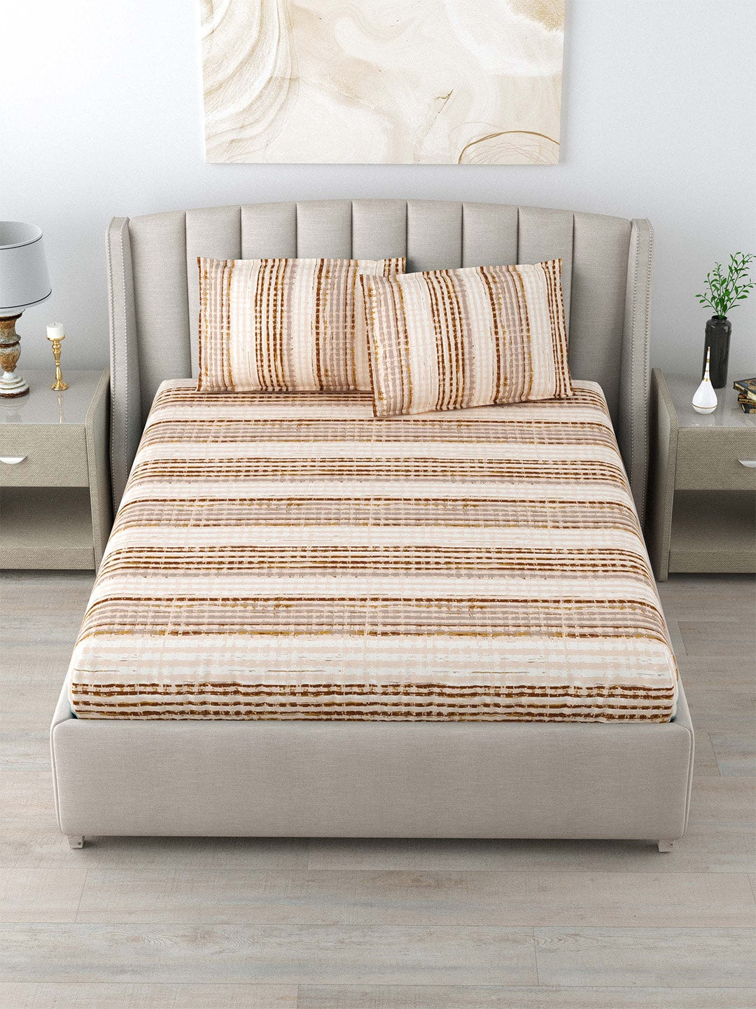 DREAM WEAVERZ Beige & Brown Striped Pure Cotton 220 TC King Bedsheet With 2 Pillow Covers 