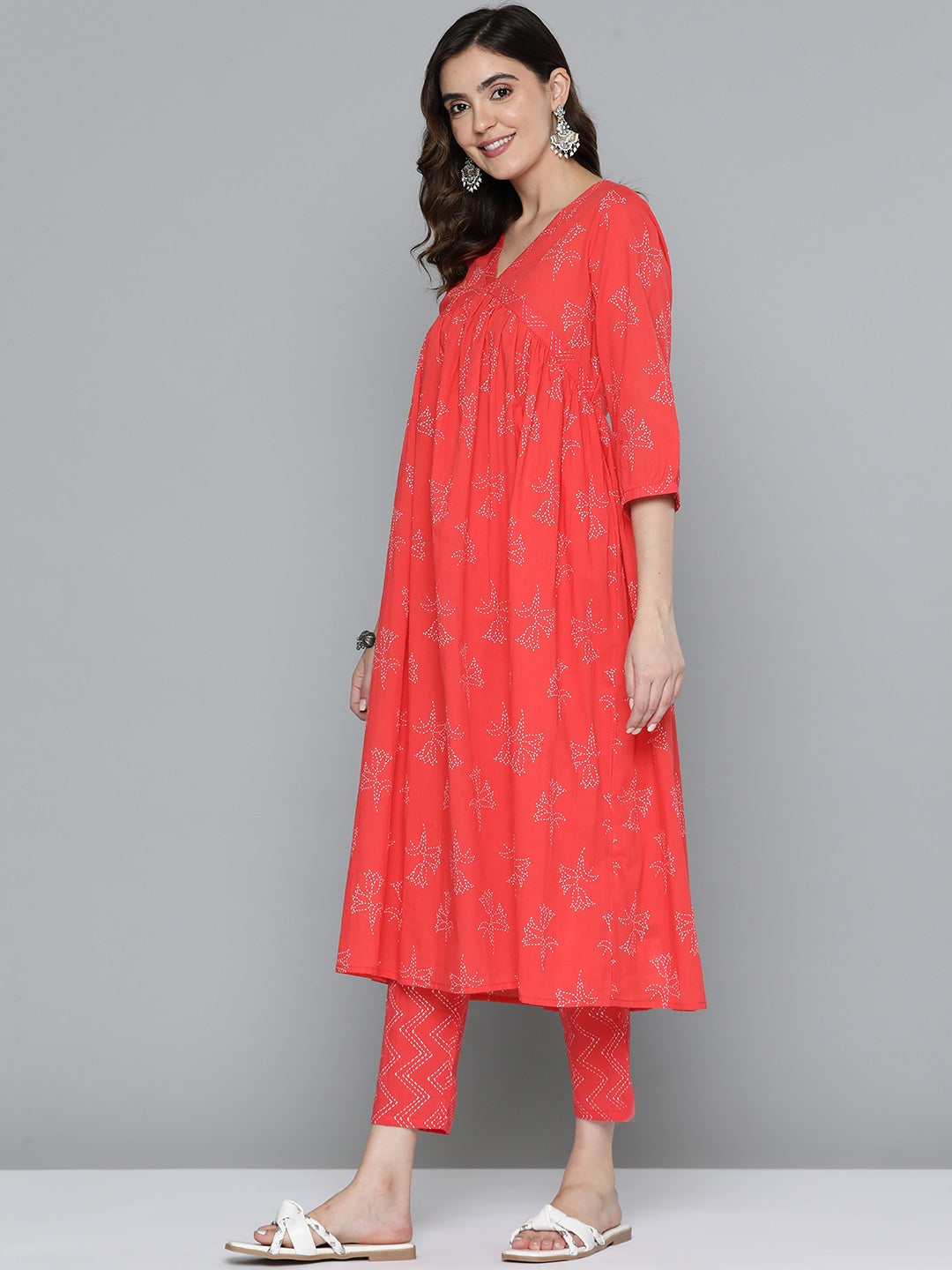 HERE&NOW Floral Print Cotton Empire Kurta with Trousers