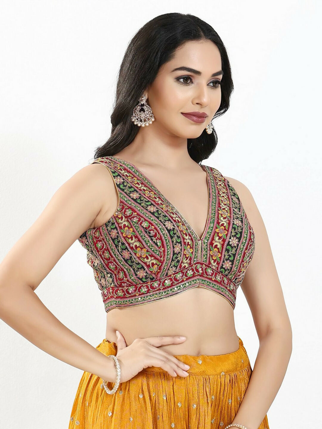 Joban Fashion Maroon Multi Georgette Padded Blouse With V Neck Sleeveless