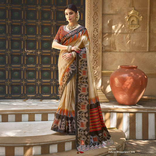 Beige Bhagalpuri Silk Pure Gota Work Saree With Unstitched Blouse - Norita Gajri