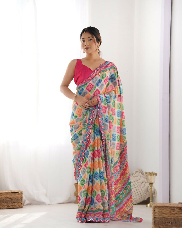 Multy Chinon Designer Digital Printed & Mirror Cut Work Saree - Kriti