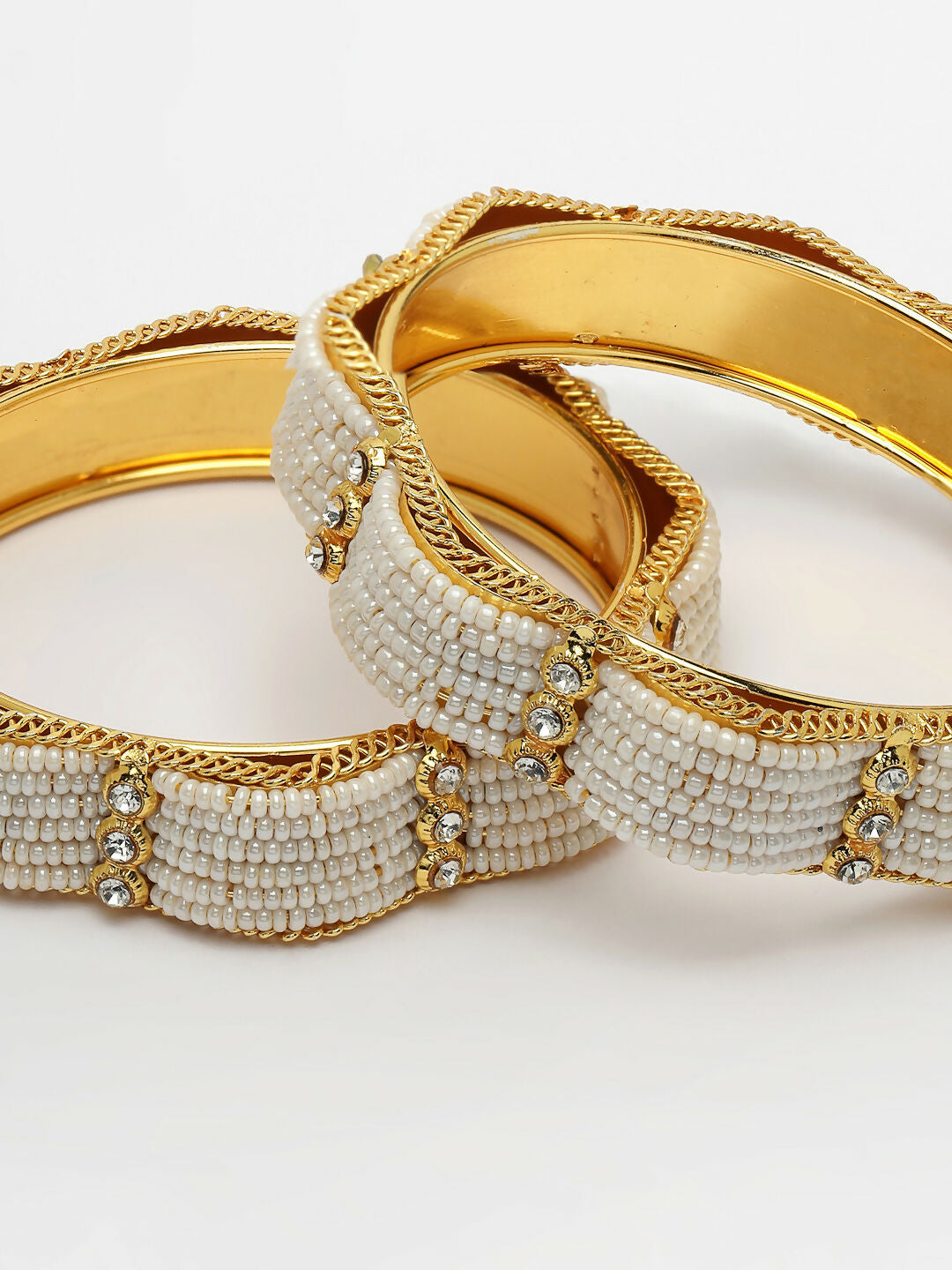 NVR Women's Set of 2 Gold-Polished Pearl Handcrafted Traditional Bangles 