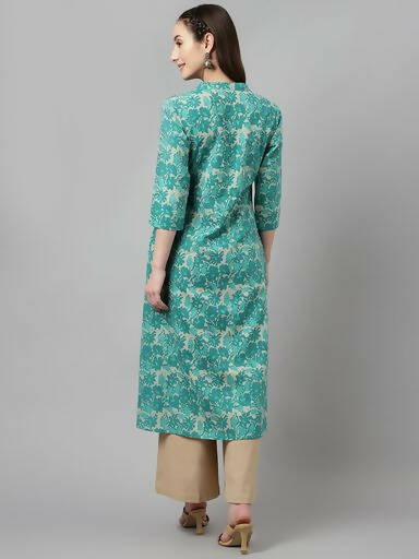FIORRA Women's Floral Printed Teal Green Pure Cotton Straight Kurta 