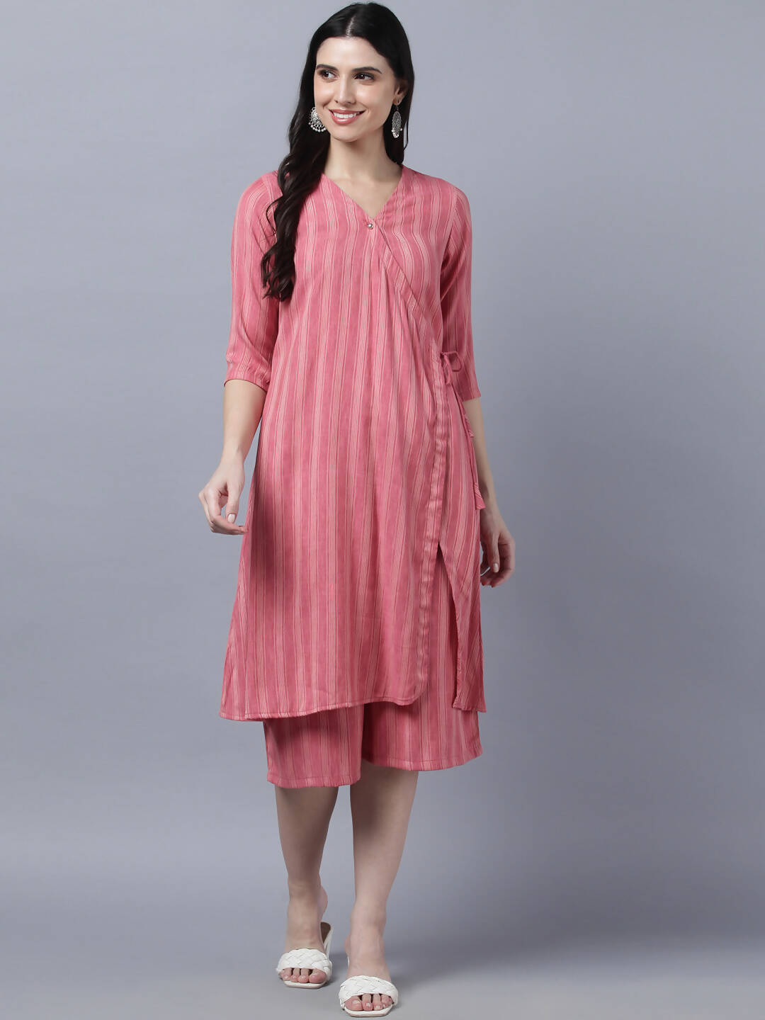 Myshka Stylish Pink Cotton 3/4 Sleeve Women's Kurta Palazzo Set