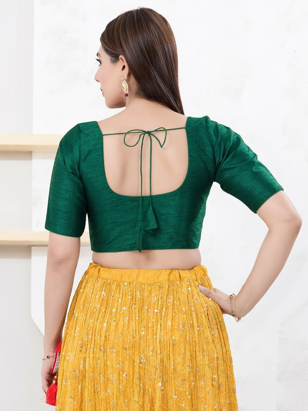 Joban Fashion Bottle-Green Dupion Silk Elbow Sleeveless Front Open Blouse