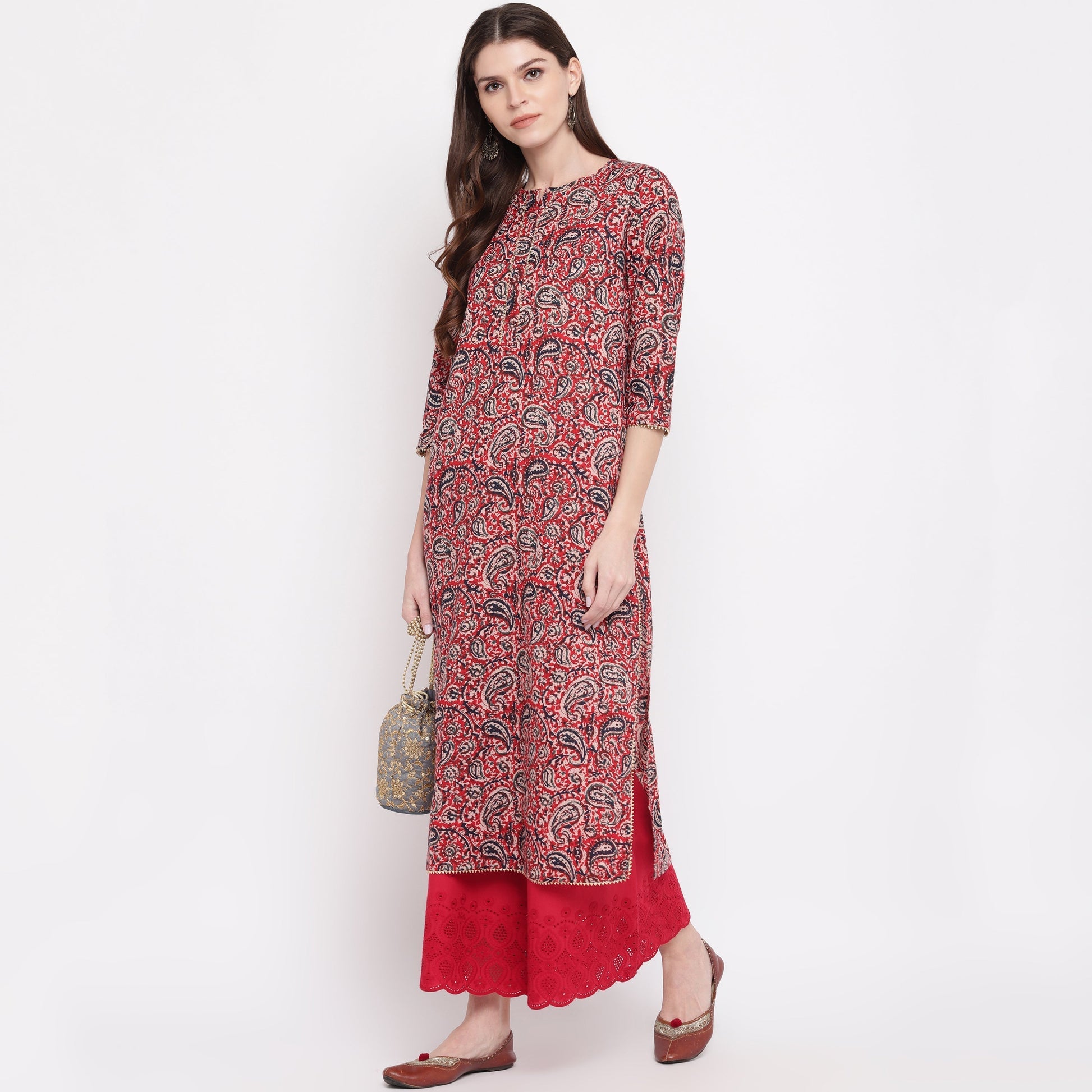 NOZ2TOZ Women's Red Kalamkari Print Cotton Kurta- (1pc set) 