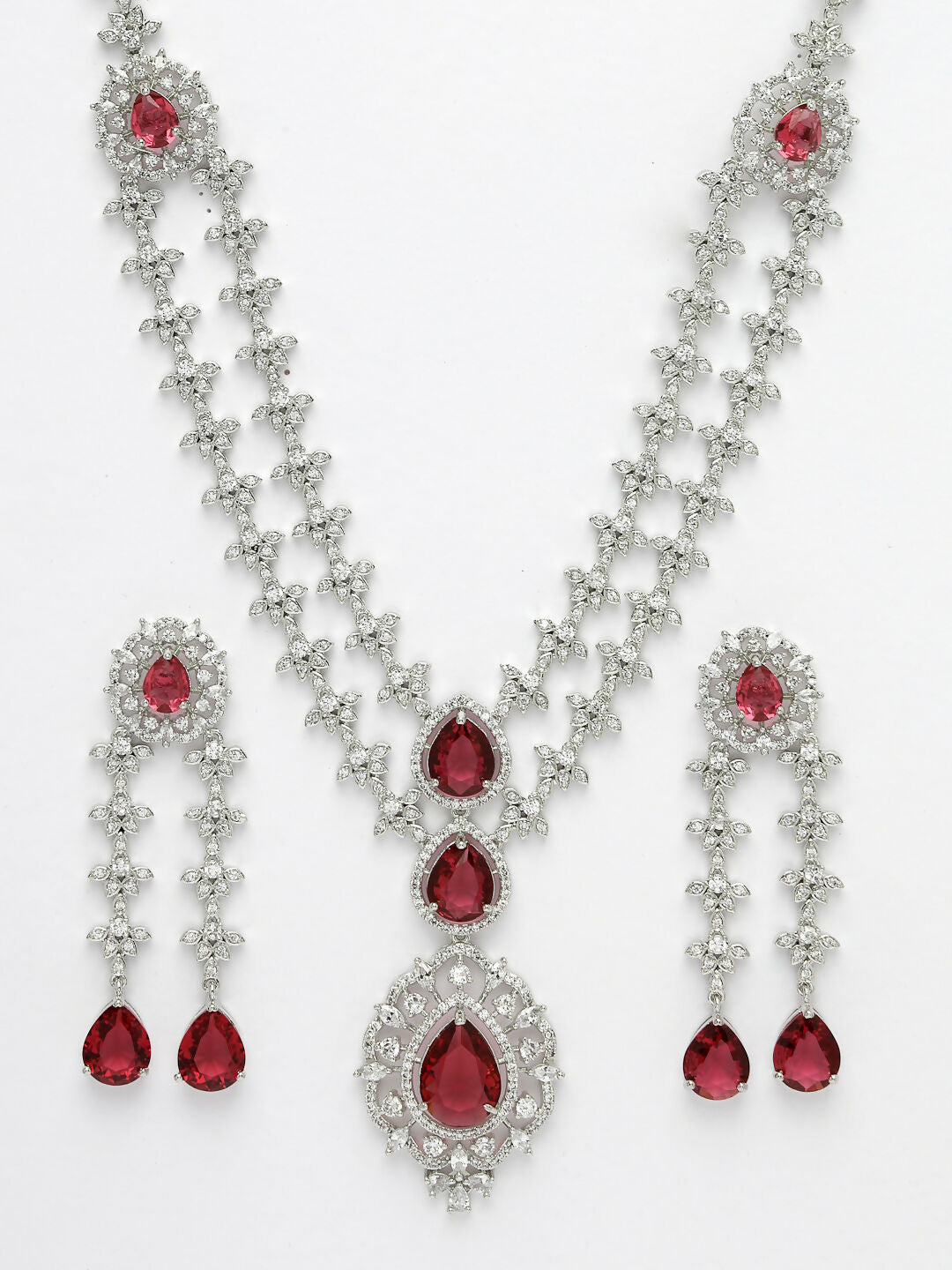 NVR Women's Silver-Plated Red CZ-Studded Handcrafted Jewellery Set - Grab2buy
