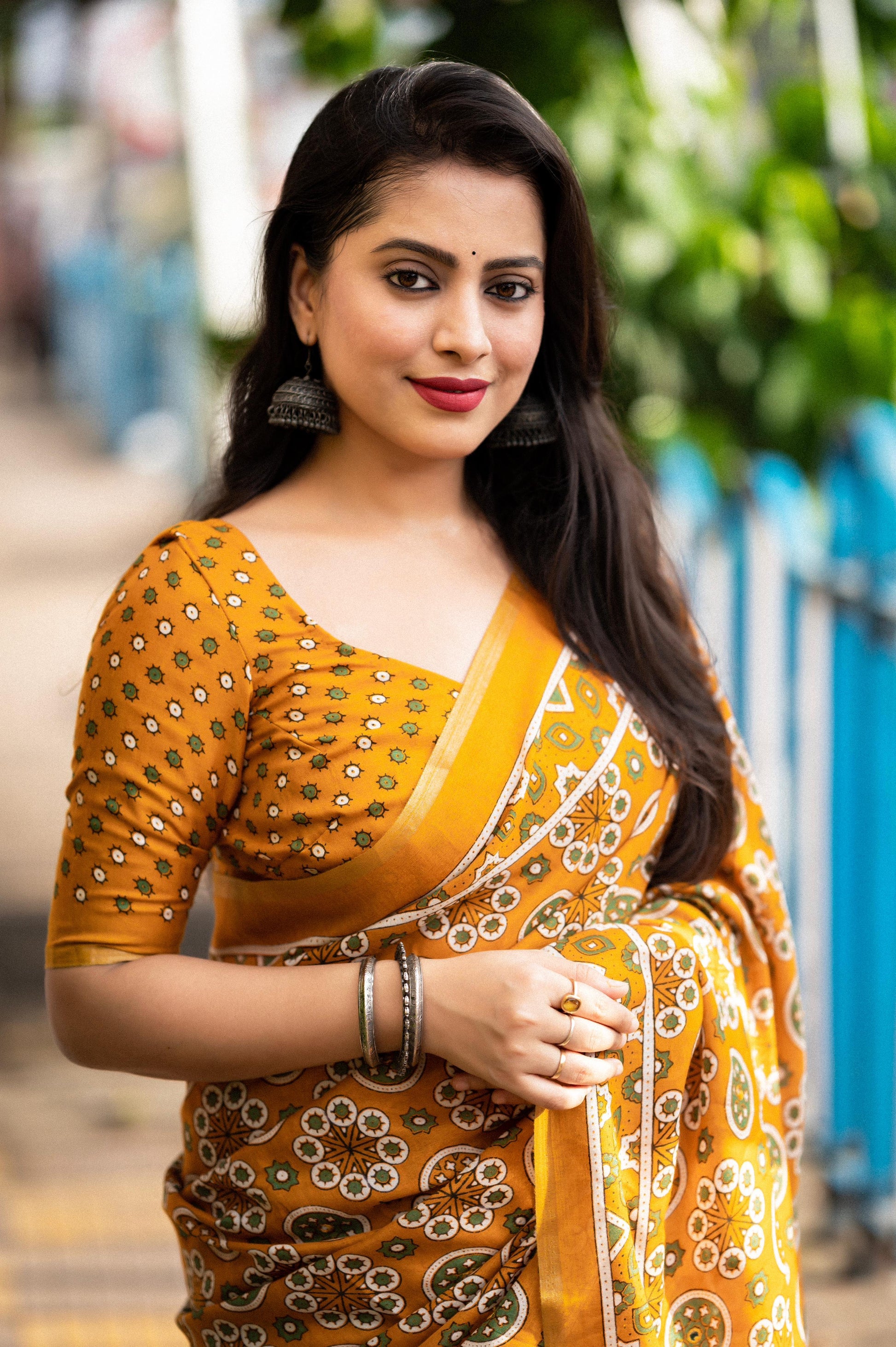 Mustard Cotton Blend Ajrak Saree with Unstitched Blouse - A2M