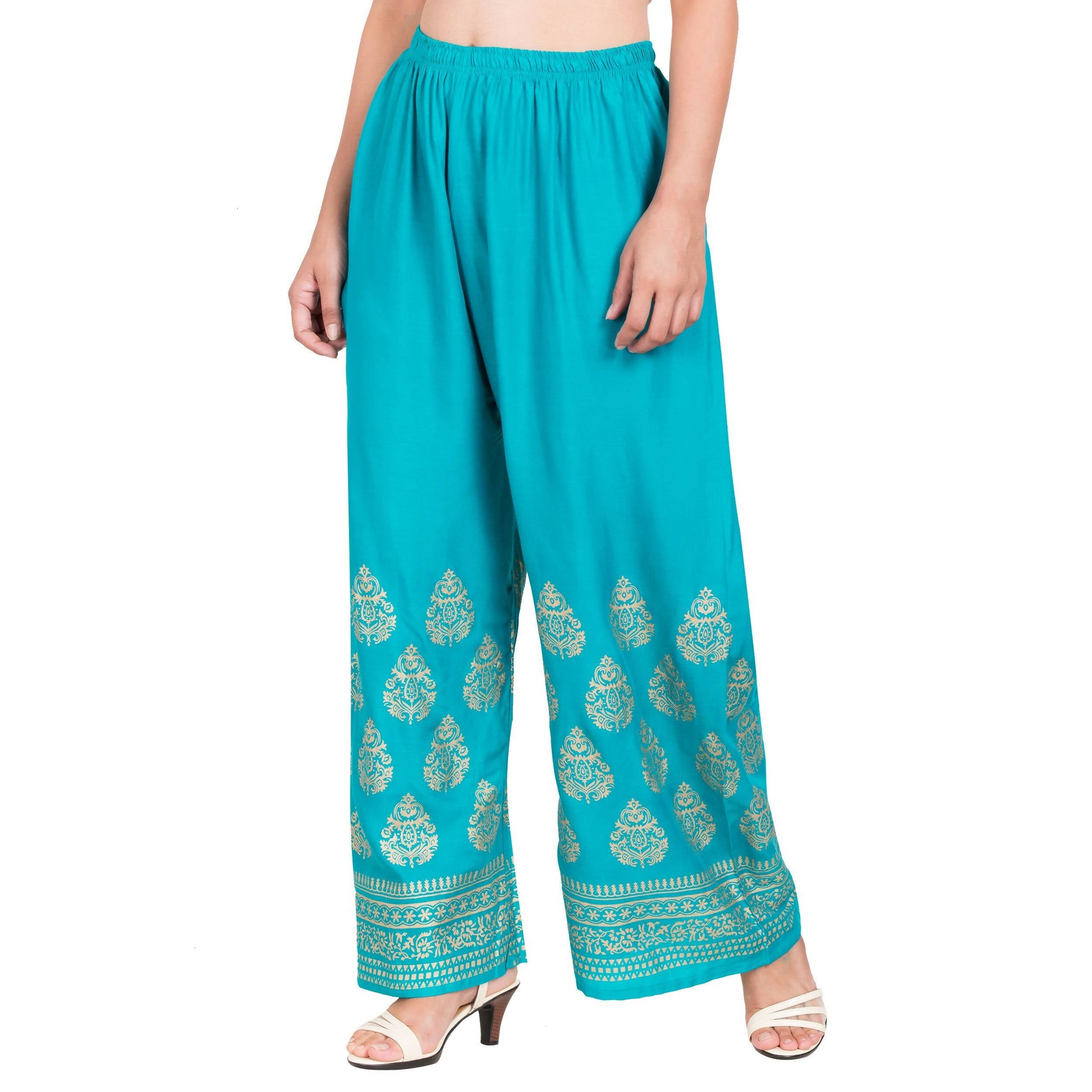 PAVONINE Rama Green Color Golden Printed Rayon Fabric Sharara For Women & Girls
