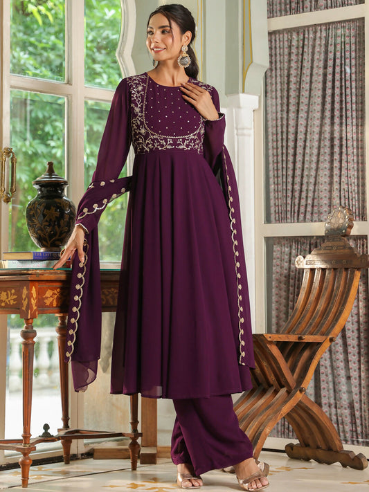 Janasya Purple Georgette Embroidered Kurta,Bottom & Dupatta 