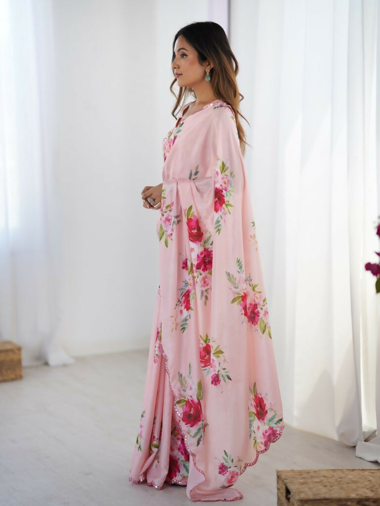 Pink Chinon Designer Digital Printed,Mirror Cut Work Saree - Manvika