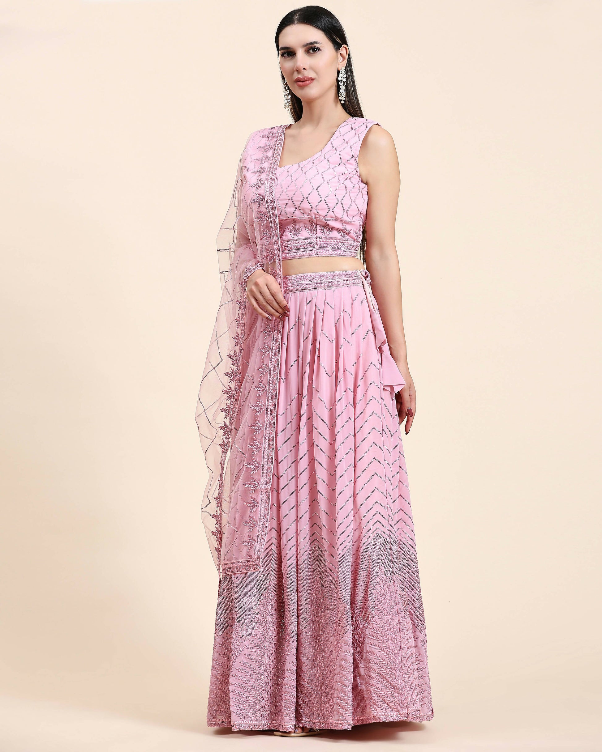 Pink Pure Viscose Georgette Sequence Embroidery work Lehenga Choli with Dupatta - Aakriti
