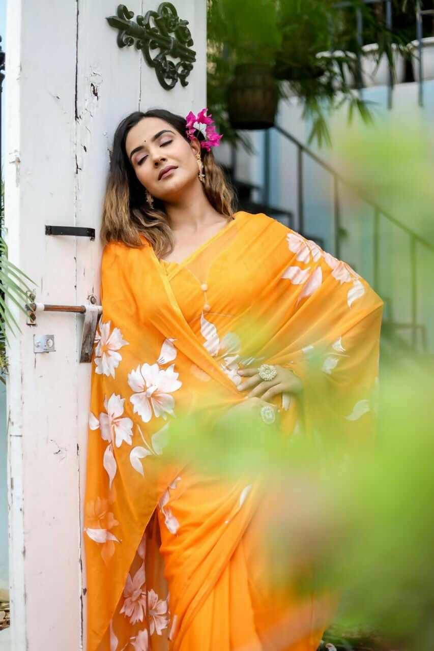 Exclusive Collection Beautiful Orange Pure Cotton Hand Print Handloom Grab2Buy With Running Blouse Piece 