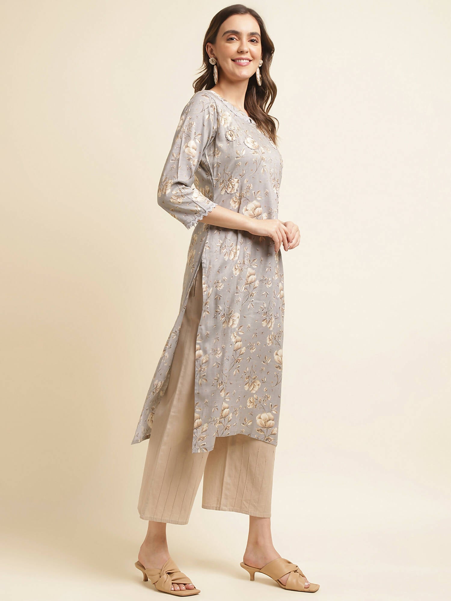 Grey Poly Rayon Floral Printed Straight Kurta - Prasuti
