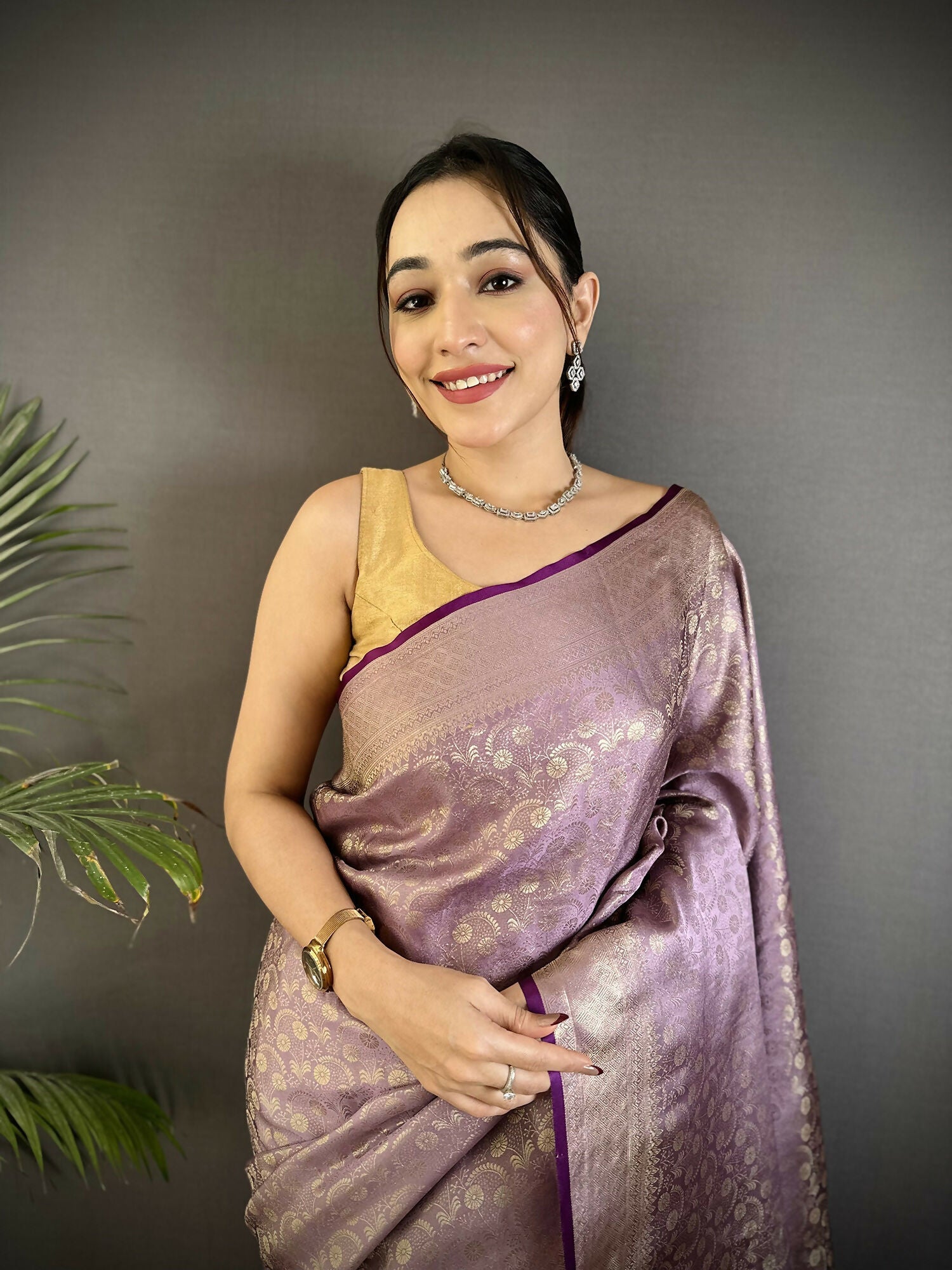 Joban Fashion Lavender Floral & Paisley Motifs Soft Satin Silk Banarasi Saree