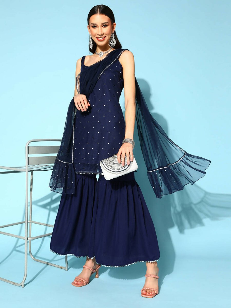 Ahalyaa Women Navy Blue Colour Crepe Foil Printed Kurta Sharara Set With Dupatta 