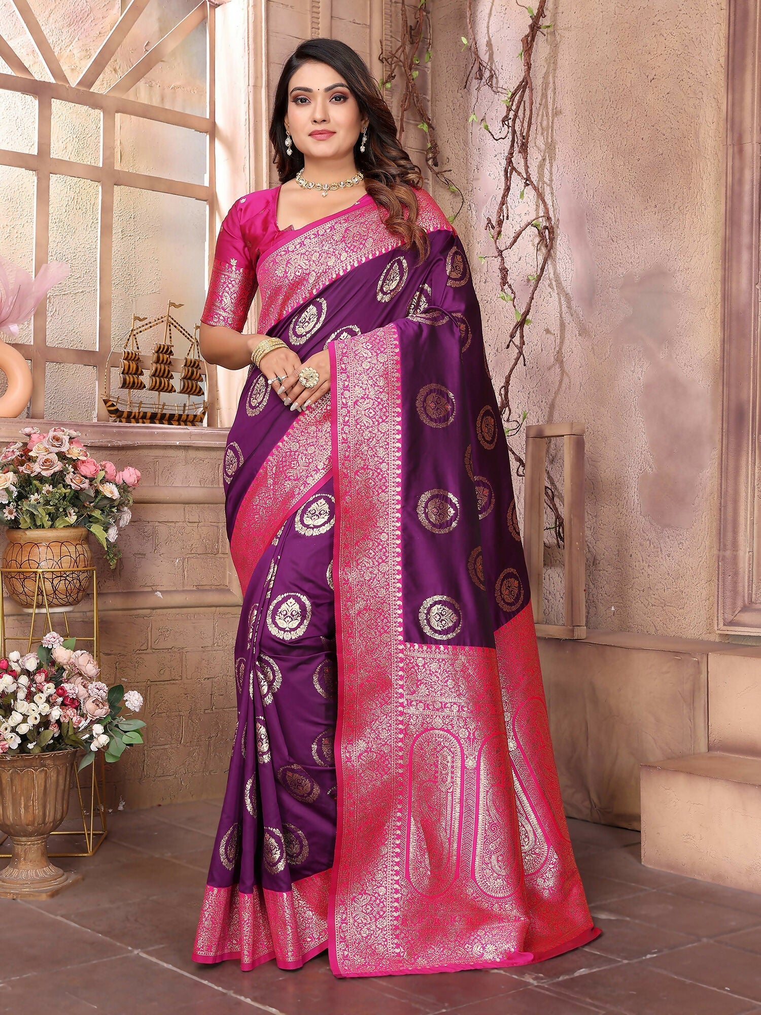 Joban Fashion Purple Banarasi Soft Silk Woven Saree | Swadesiicart