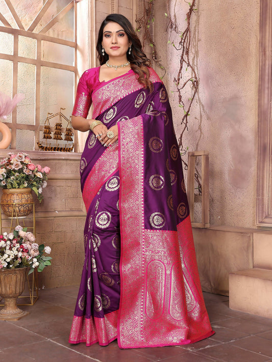 Joban Fashion Purple Banarasi Soft Silk Woven Saree | Swadesiicart