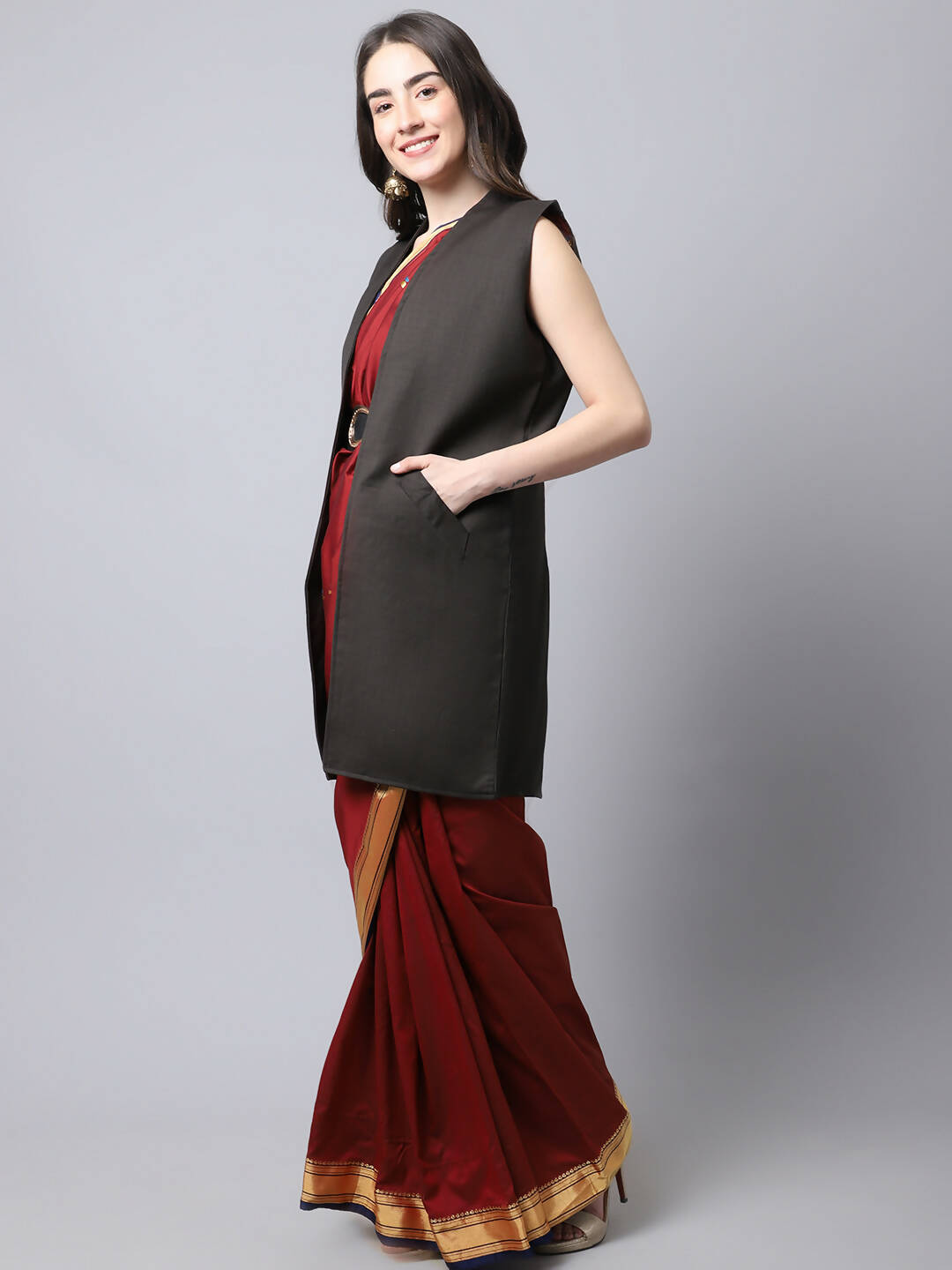 Even Apparels Brown Polywool Open Front Women's Long Coat