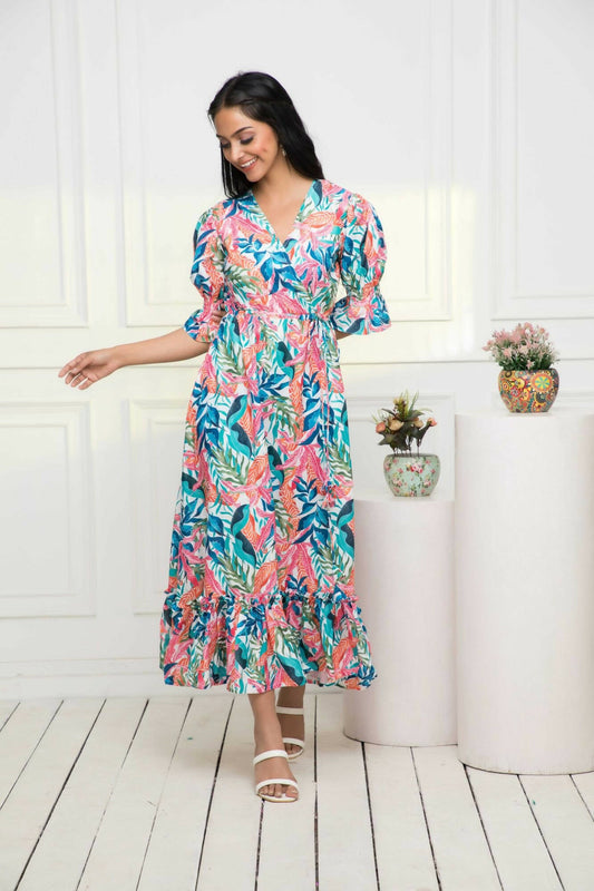 Myshka Women Multi Floral Polyester A-Line V-Neck Dress - Grab2buy