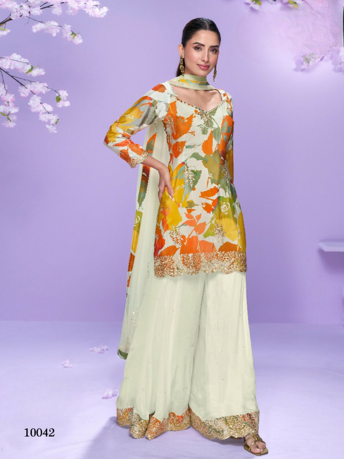 Anaita White Chinon Readymade Palazzo Suit with Digital Embroidery Work