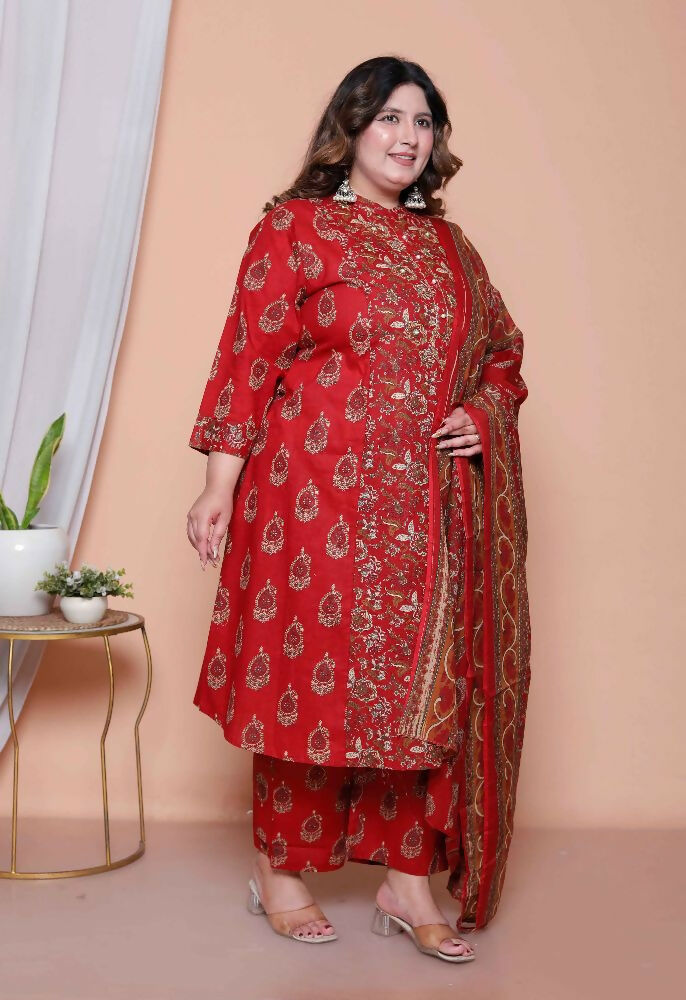 Miravan Women Floral Print Cotton Maroon Stitched Kurta Palazzo With Dupatta Set