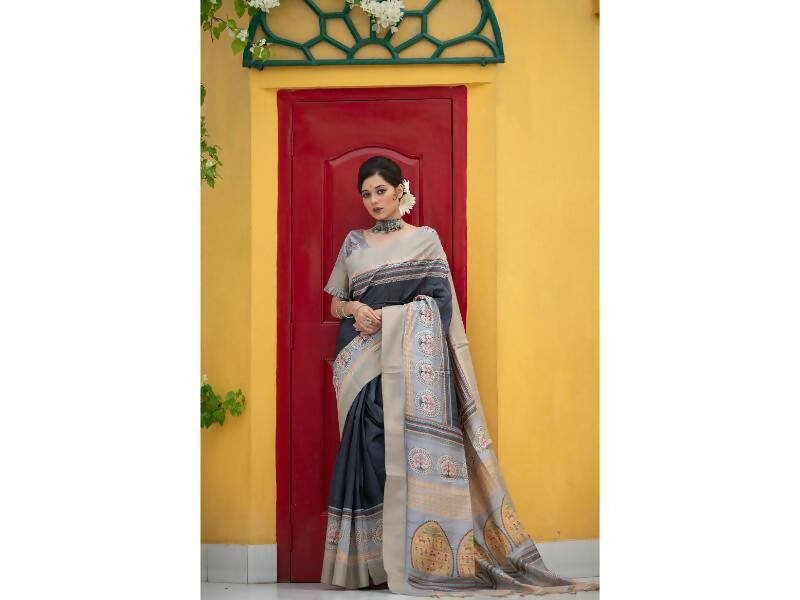 Aastha Fashion Women's Dark Grey Tussar Silk Digital Printed Saree with Blouse - Grab2buy