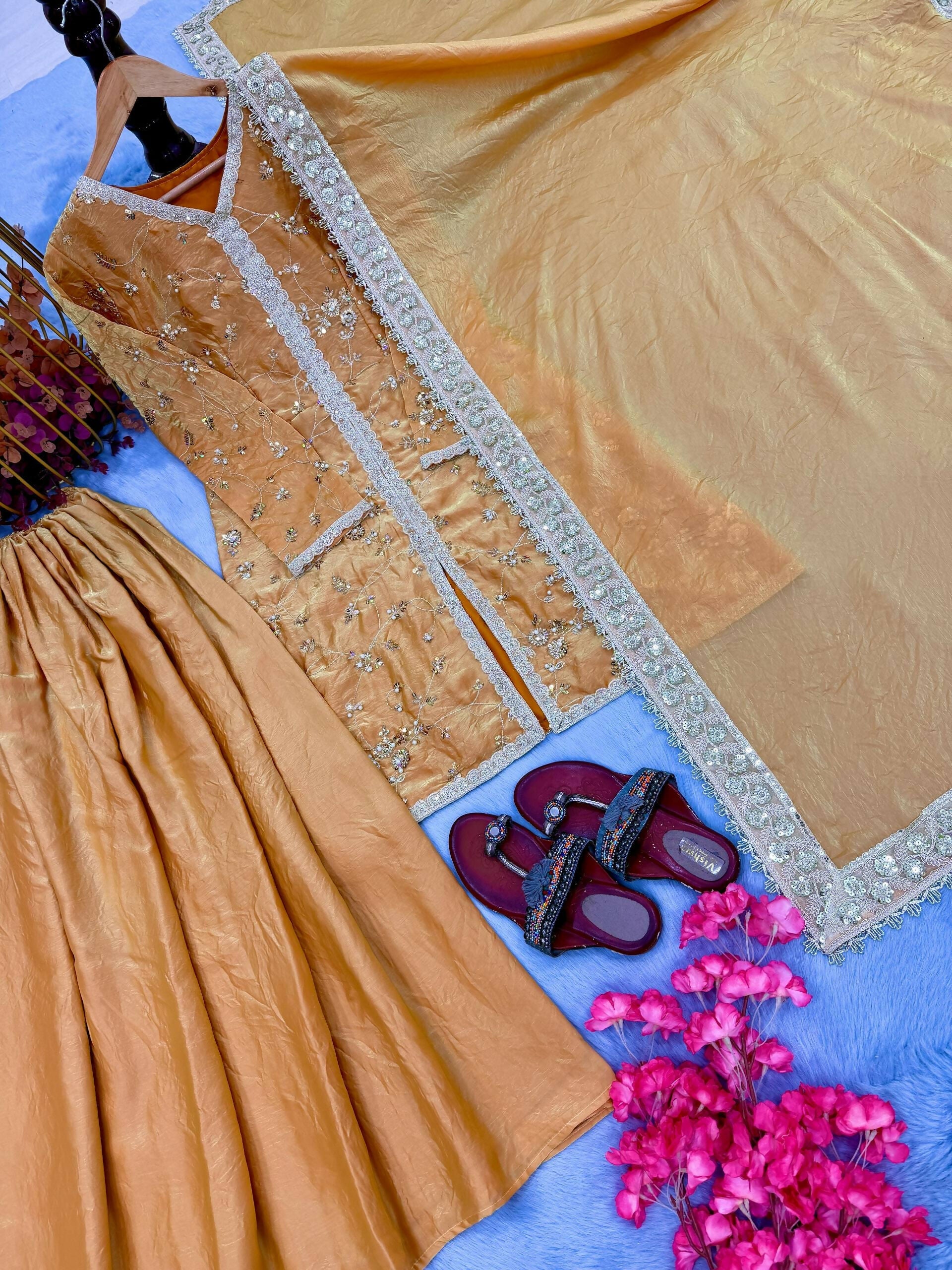 Teeya Creation Womens New Trendy Heavy Embroidery Work Kurta Palazzo Set - Mustard