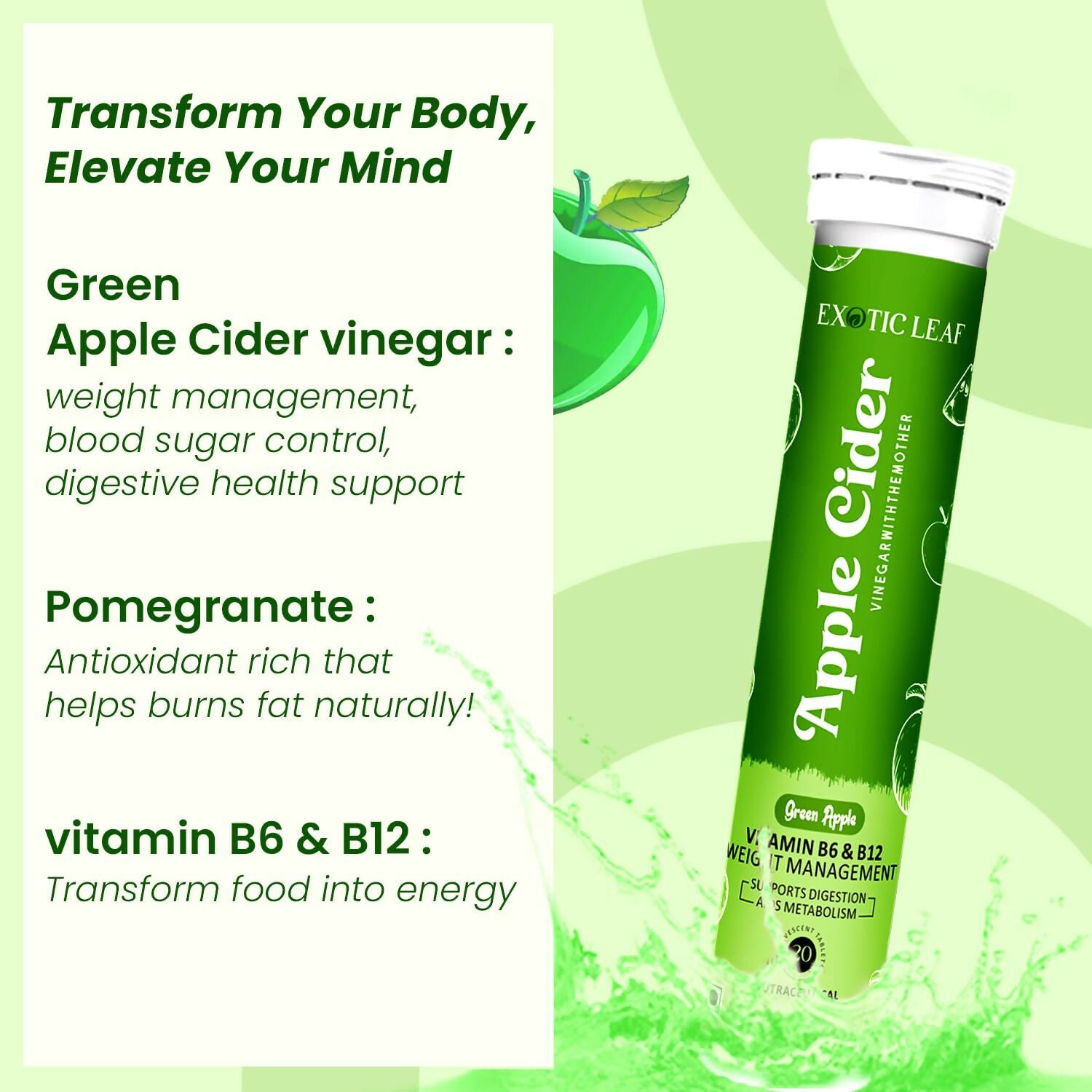 Exotic Leaf Green Apple Cider Vinegar Tablets 