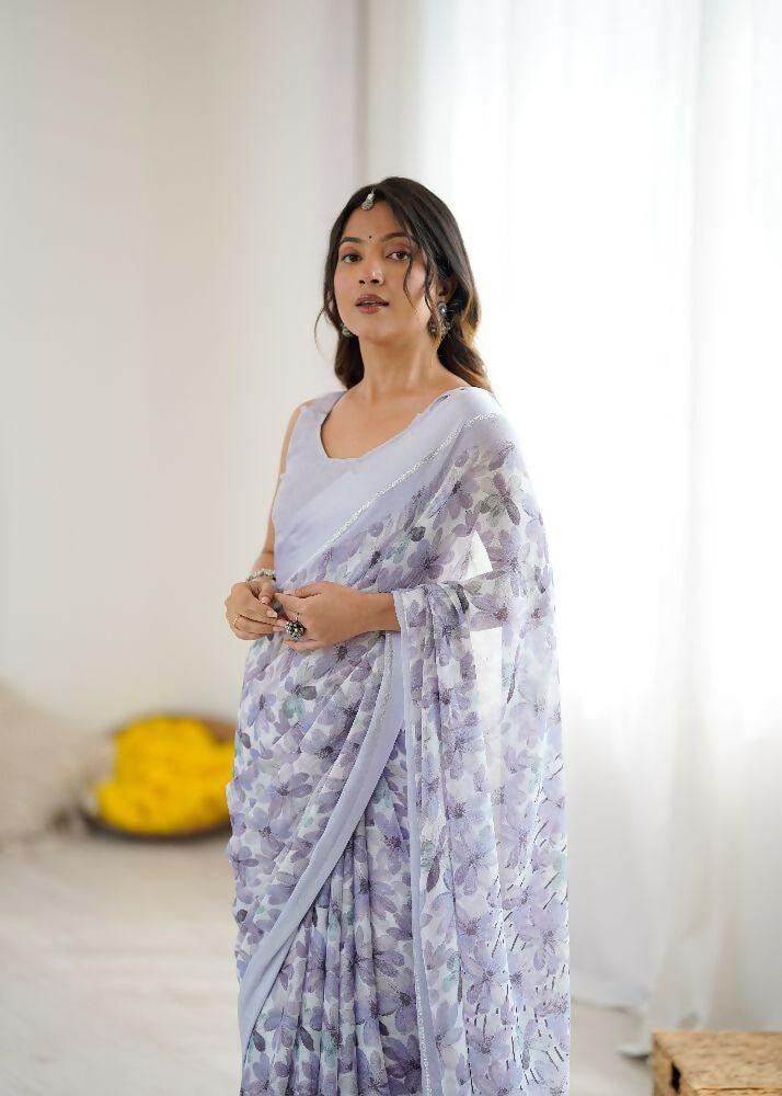 PR Fashion Light_Purple Bright Moss Satin Patta Printed Saree
