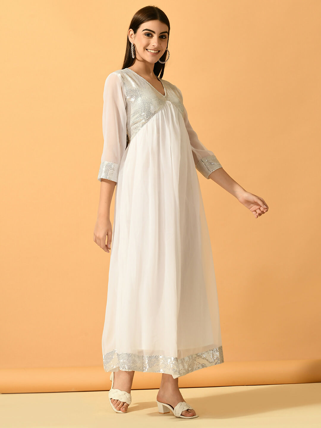 Myshka Women's White Fit and Flare Party Dress