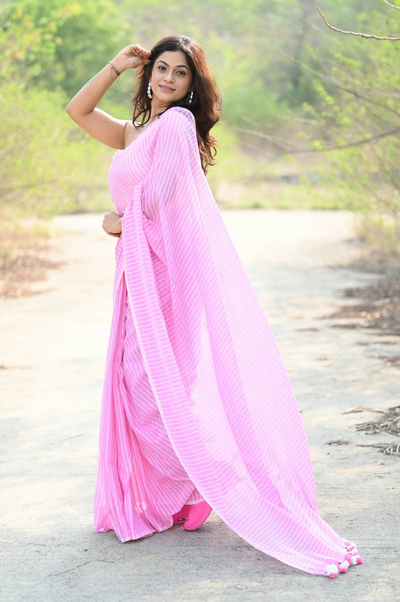 Very Much Indian Designer Pure Cotton Saree With All Over Linear Stripes - Light Pink - Grab2buy