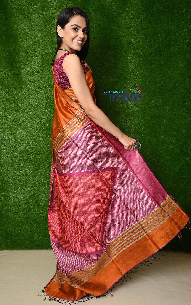 Very Much Indian Handwoven Raw Silk Dupion Grab2Buy - Orange With Pink Pallu 