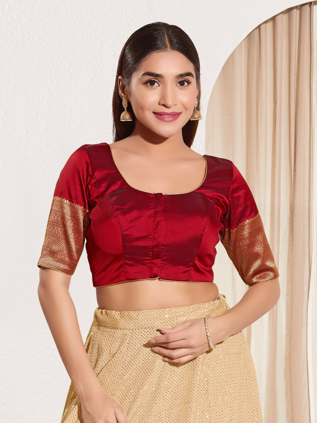 Joban Fashion Maroon Taffeta Silk Padded Blouse With Round Neck Elbow Sleeves