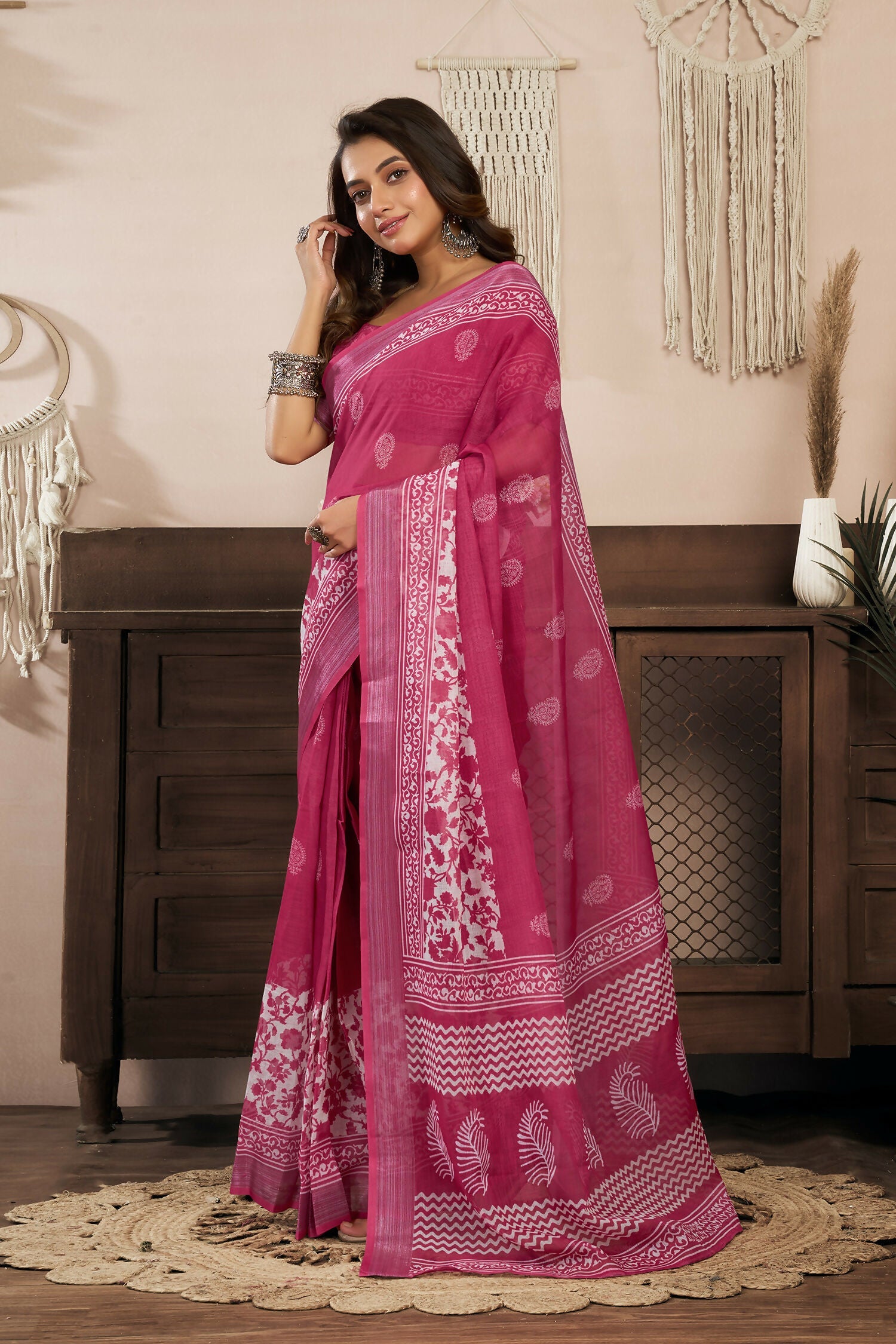 Joban Fashion Pink Floral Linen Ready To Wear Saree With Unstitched Blouse