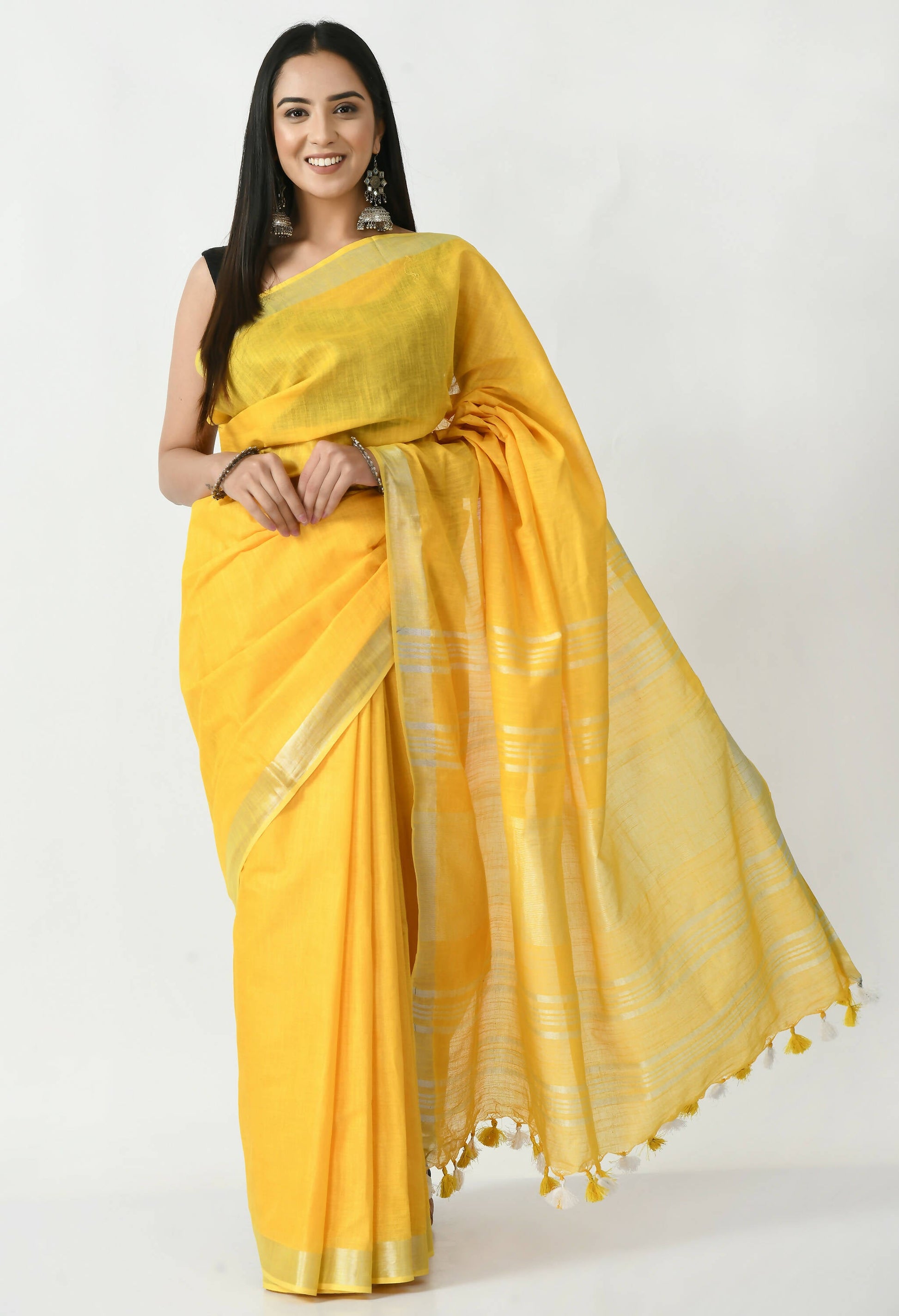Mominos Fashion Moeza Yellow Bhagalpuri Handloom Silk Linen Saree with unstitched Blouse piece