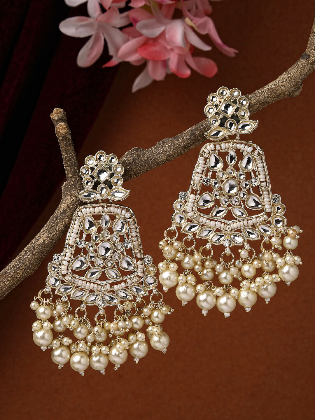 NVR Women Gold-Polished Kundan Drop Earrings 
