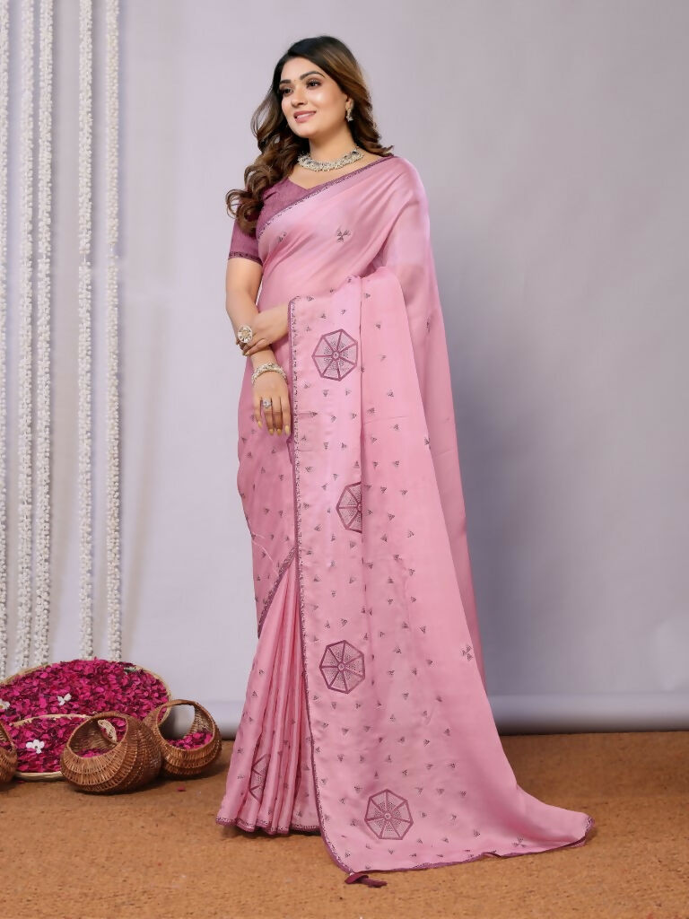 Pink Zari Organza Stone Work All Over Saree - Norita Saumya