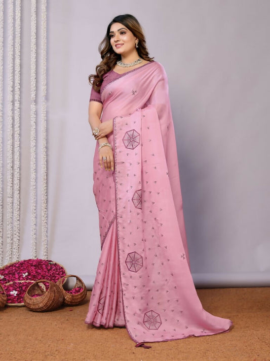 Pink Zari Organza Stone Work All Over Saree - Norita Saumya